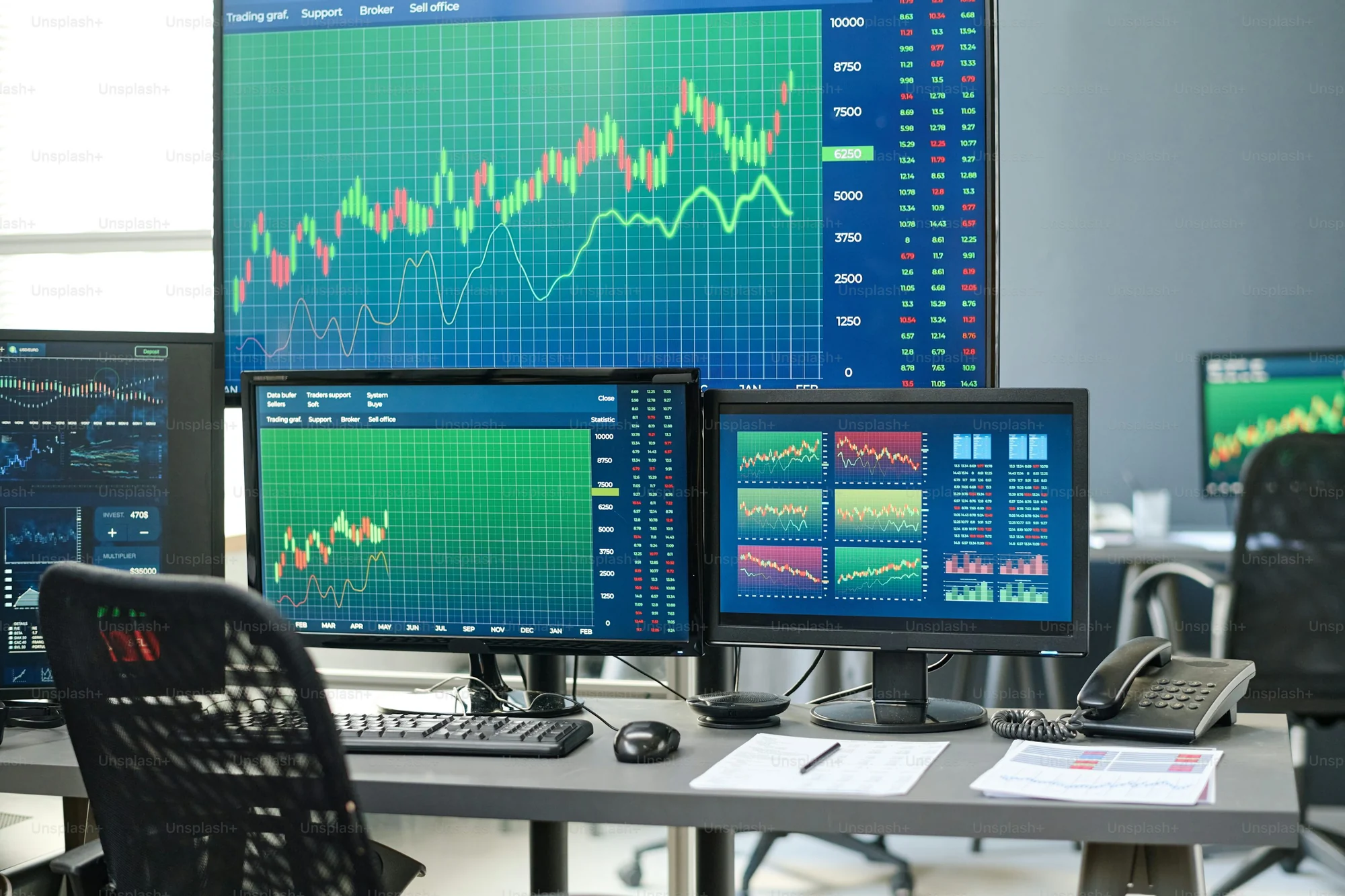 Professional brokerage workstation with market data displays